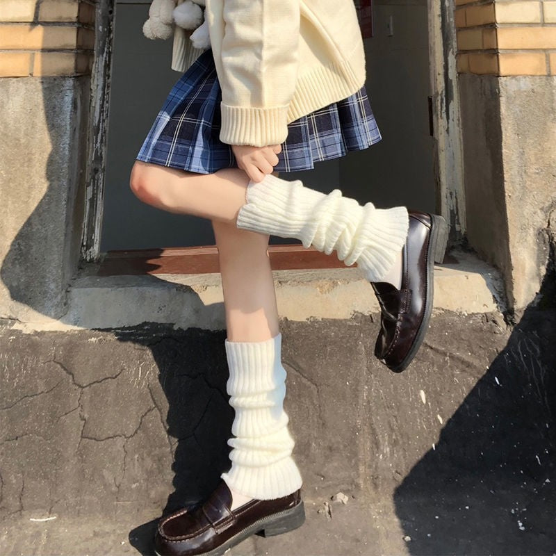 Women's Cream Knitted Ribbed Long Tube Calf Socks Leg Warmers - Image 7