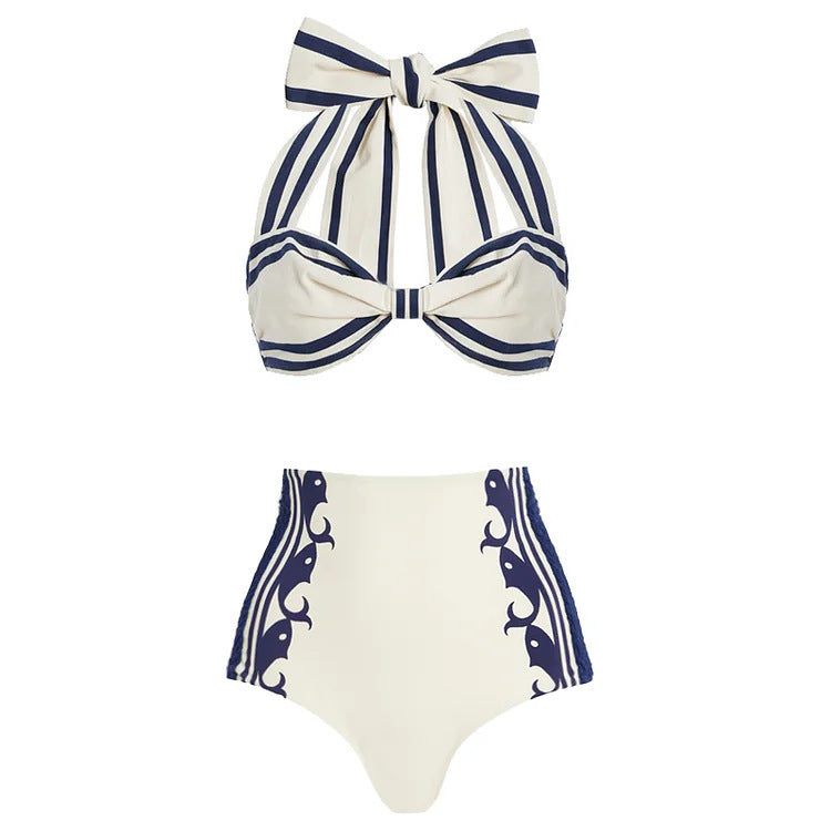 Navy Halter One Piece Swimsuit with Abstract Print Boho Design