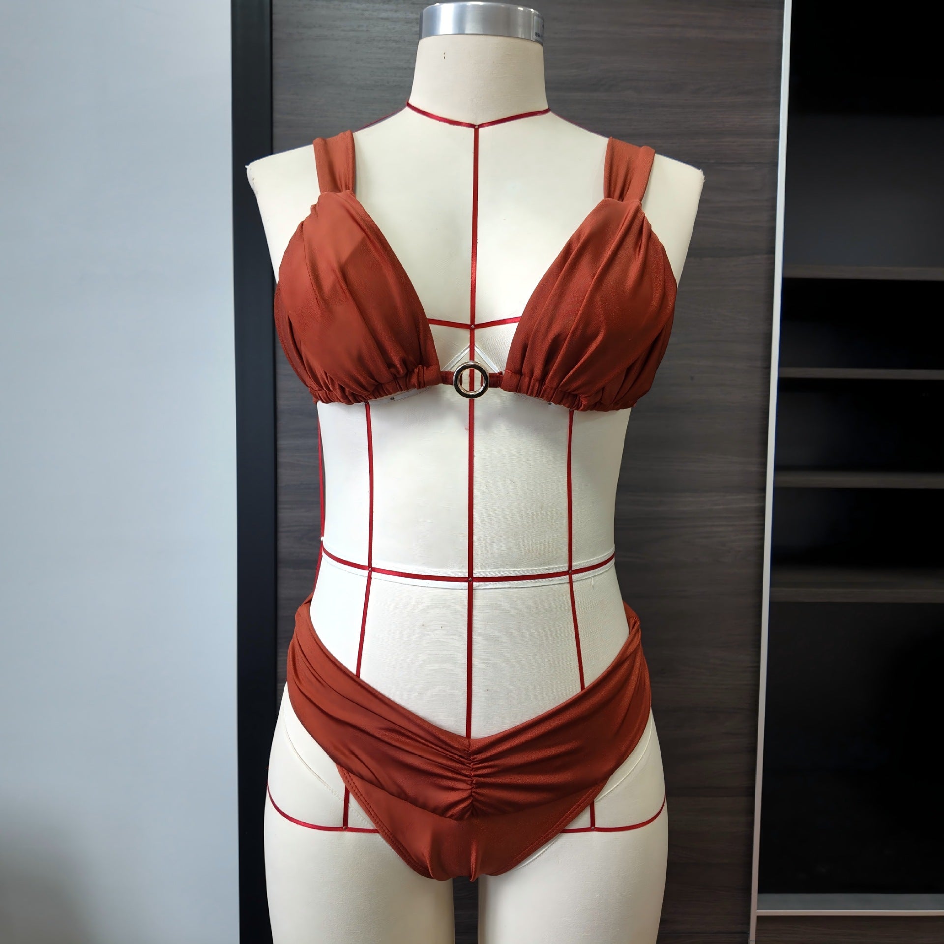 Women's Sexy Pleated Bikini Set with Ruched Ring and Tie Detail