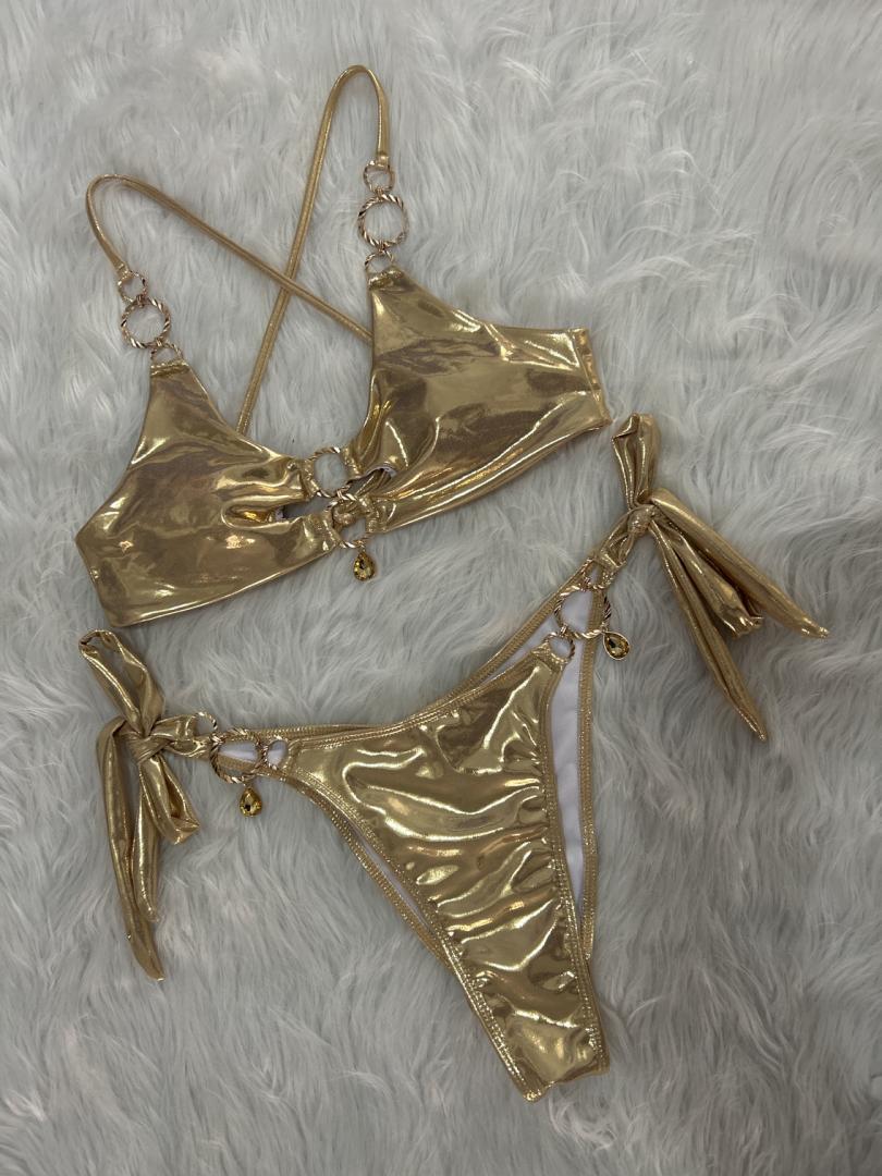 Glamorous Rhinestone Cutout Halter Bikini Set - Vacation Swimwear
