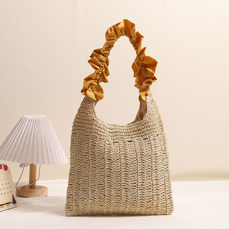 Woven Straw Shoulder Bag with Ruffled Fabric Handle Beach Tote - Image 2