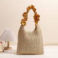Woven Straw Shoulder Bag with Ruffled Fabric Handle Beach Tote - Image 2