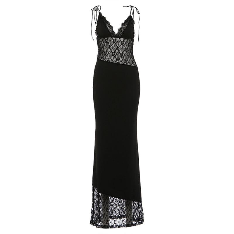 Sexy Slim Fit Mesh Lace Mini Dress with Tie-Front Detail