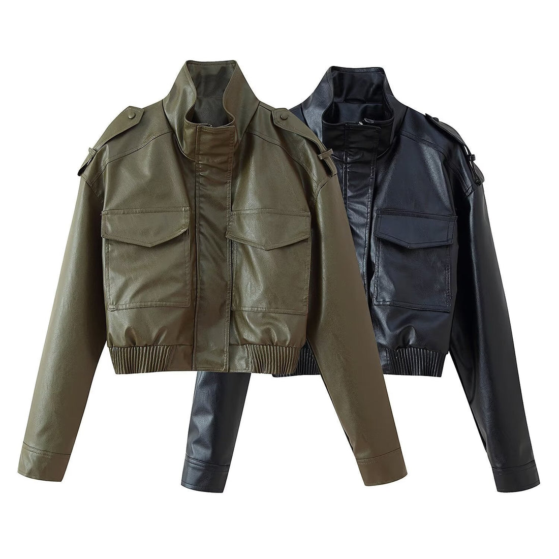 Women's black and olive green faux leather stand collar zip-up bomber jackets on a white background.