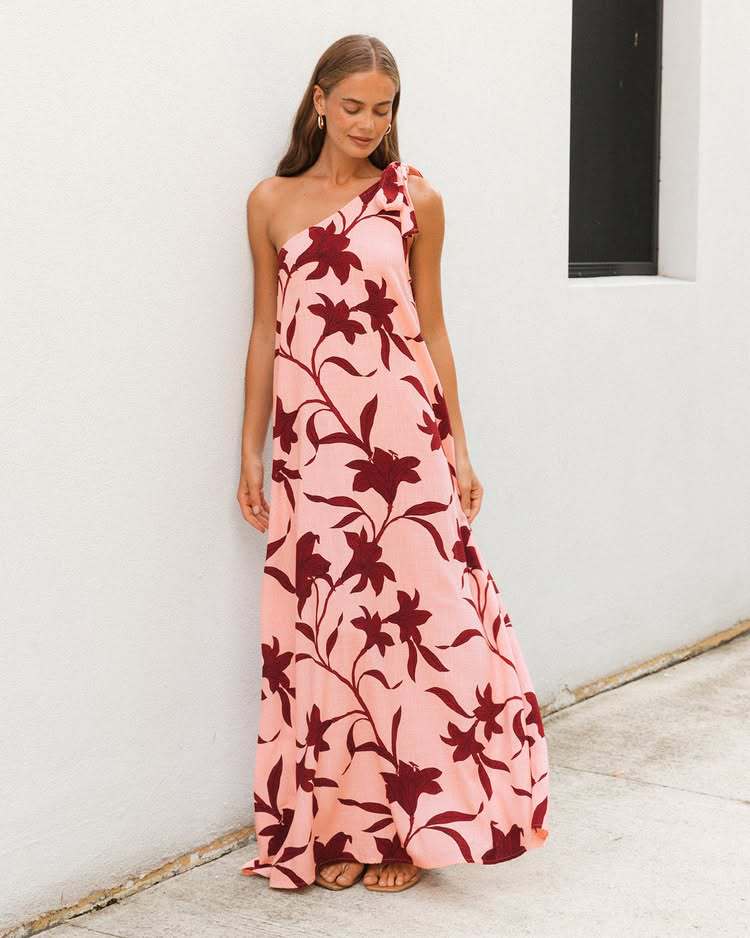 Summer Dress Printed Shoulder Lace up Sexy Vacation Maxi Dress