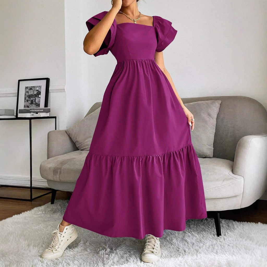 Women Clothing Ruffled A line Dress off Neck Flying Sleeves Solid Color Long Dress