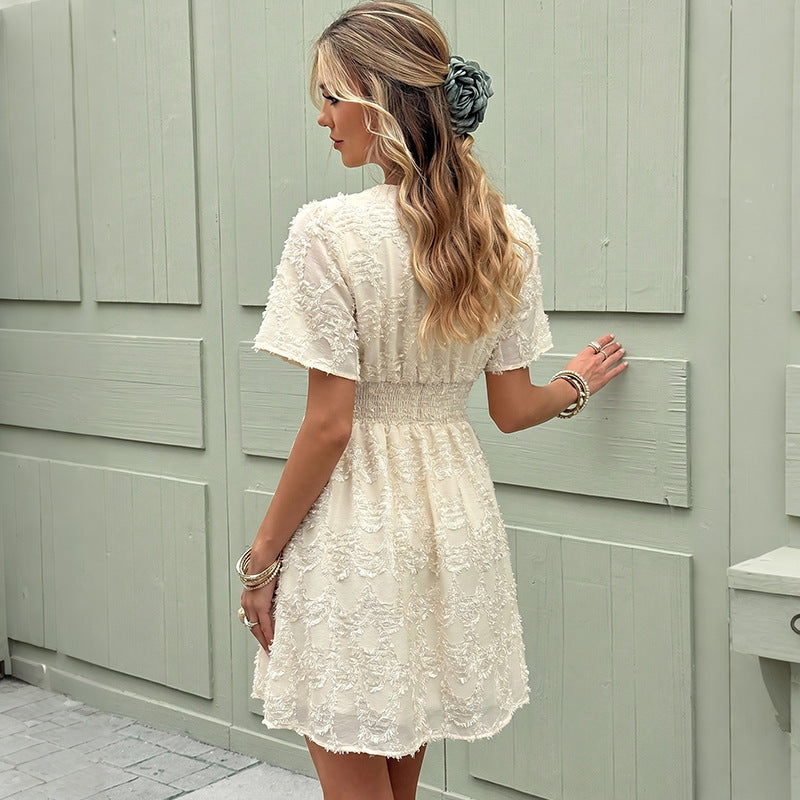 Gentle Girl Solid Color Jacquard V neck Waist Trimming Short Dress