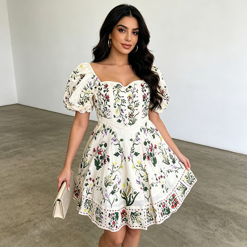 Puff Sleeve Peach Collar Tight Waist Slimming Retro Printed Short Dress