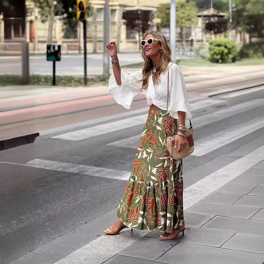 Women's Green Floral Print Maxi Skirt