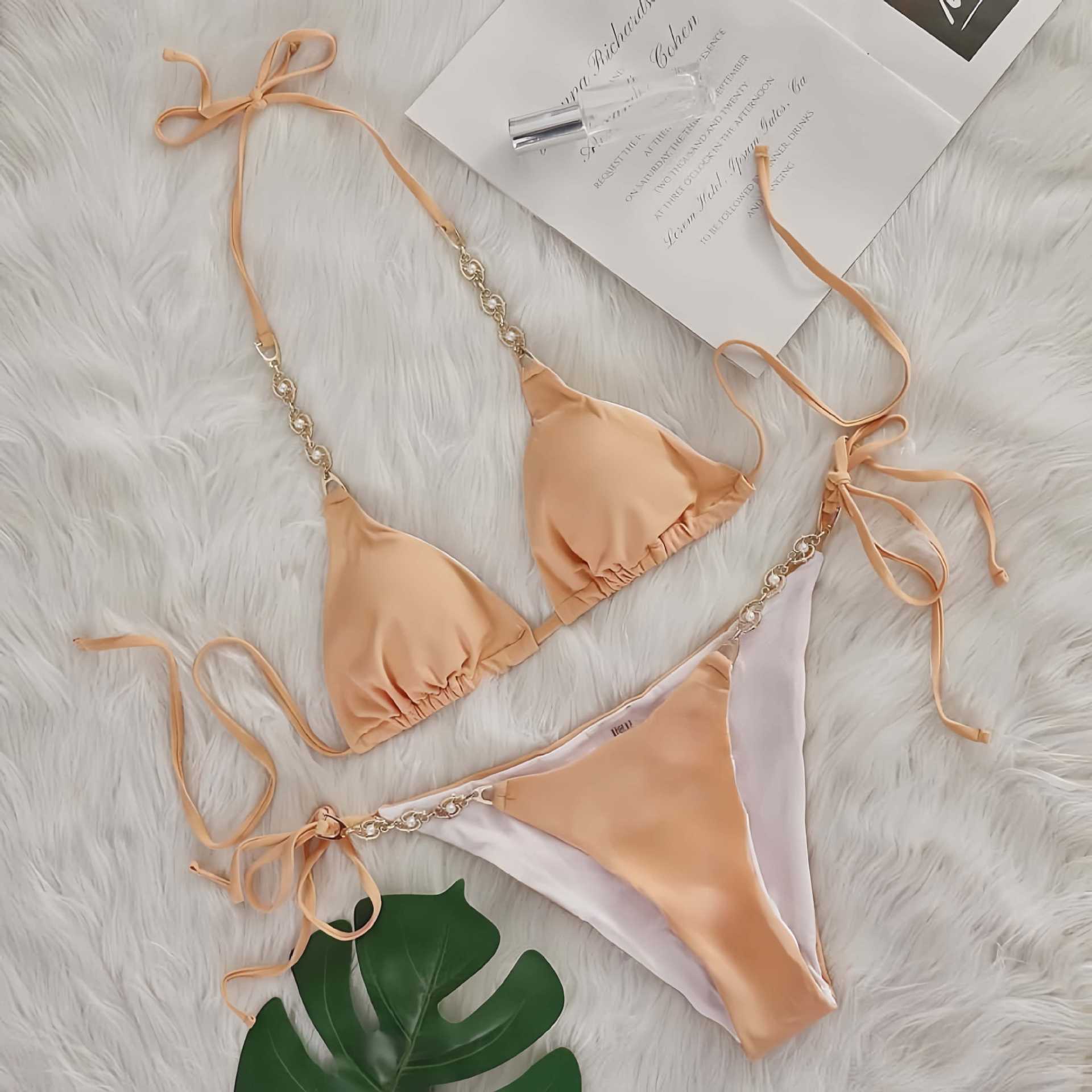 Women's Halter Neck Ruched Metal Chain Bikini Swimsuit