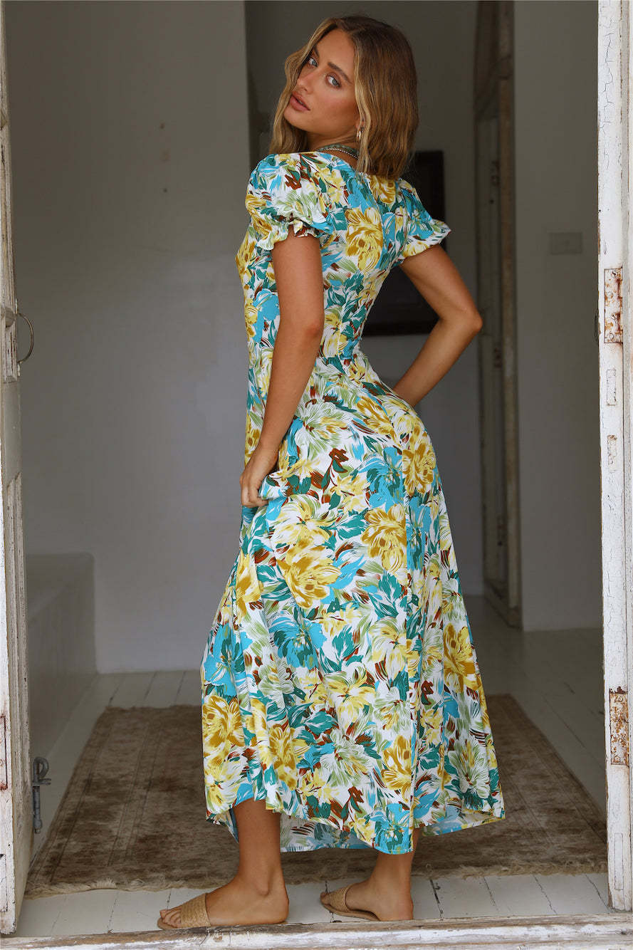 Spring Summer Square Collar Short Sleeve Maxi Dress Wild Casual Dress
