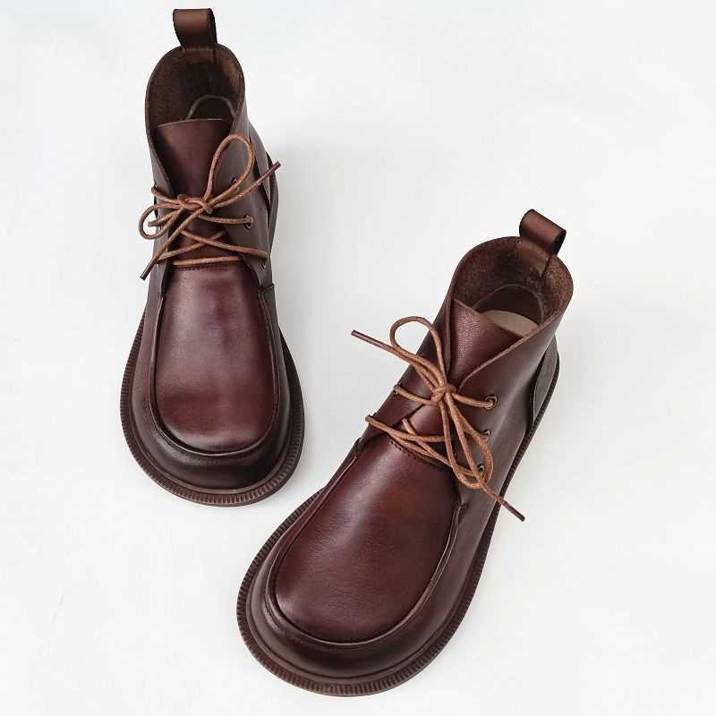 Women's Genuine Leather Chunky Big-Toe Ankle Boots Retro Style - Image 3