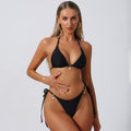 Sunflower Embellished Black Halter Bikini Backless Sexy Swimsuit