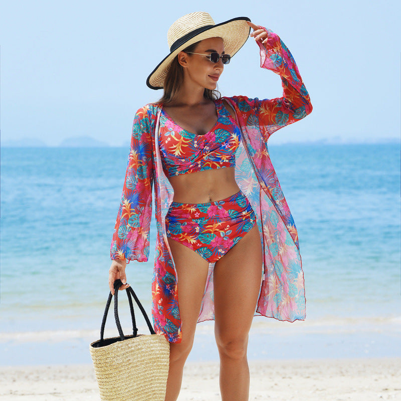 Women's High Waist Three-Piece Bikini Set with Printed Mesh Cover-Up
