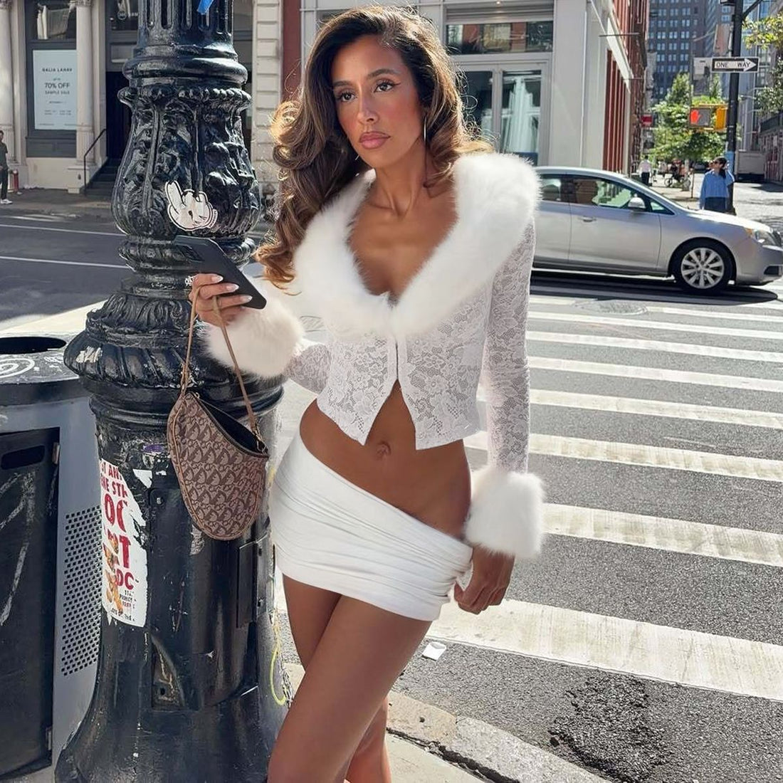 Women's Sexy Lace Plush Long Sleeve Top & Ruched Mini Skirt Set - Image 8