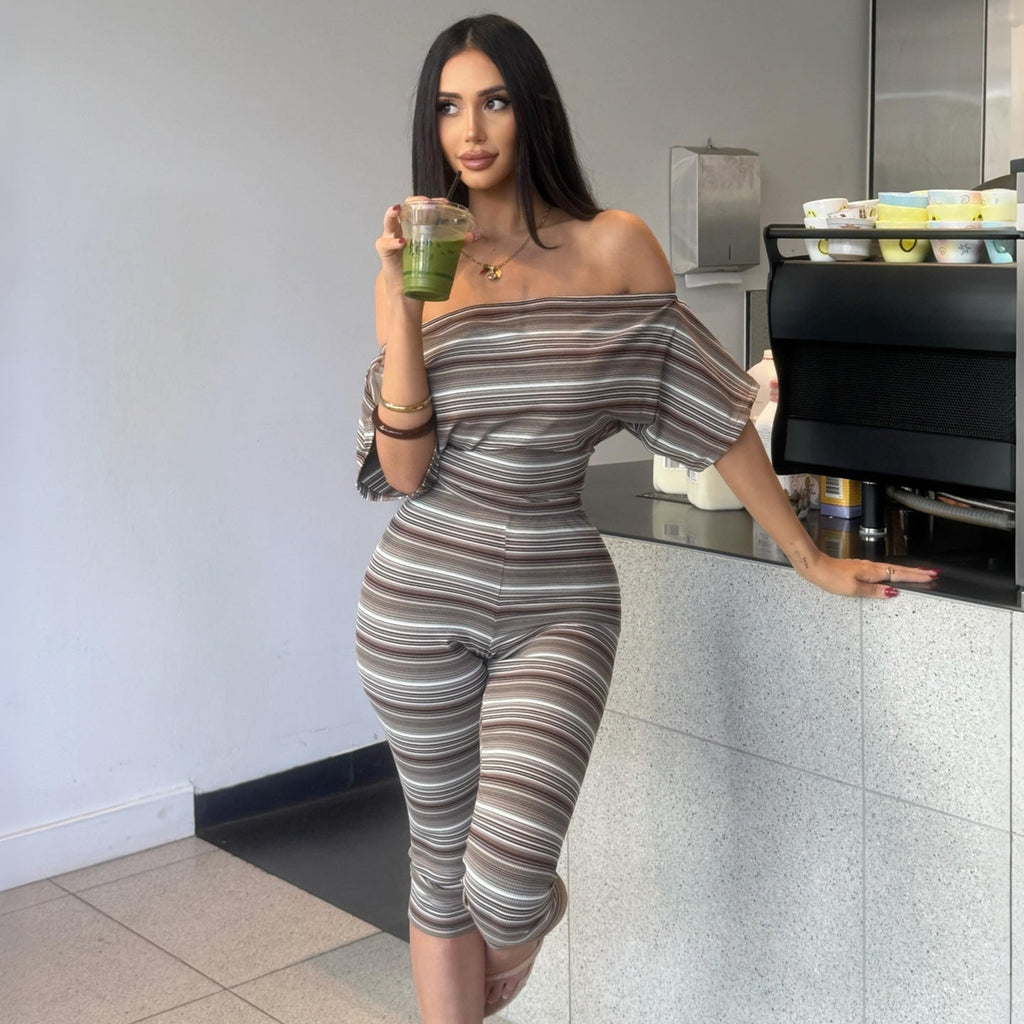 Summer Women Striped Sexy Tube Top off Shoulder Short Sleeve Skinny Knee Length Pants Set