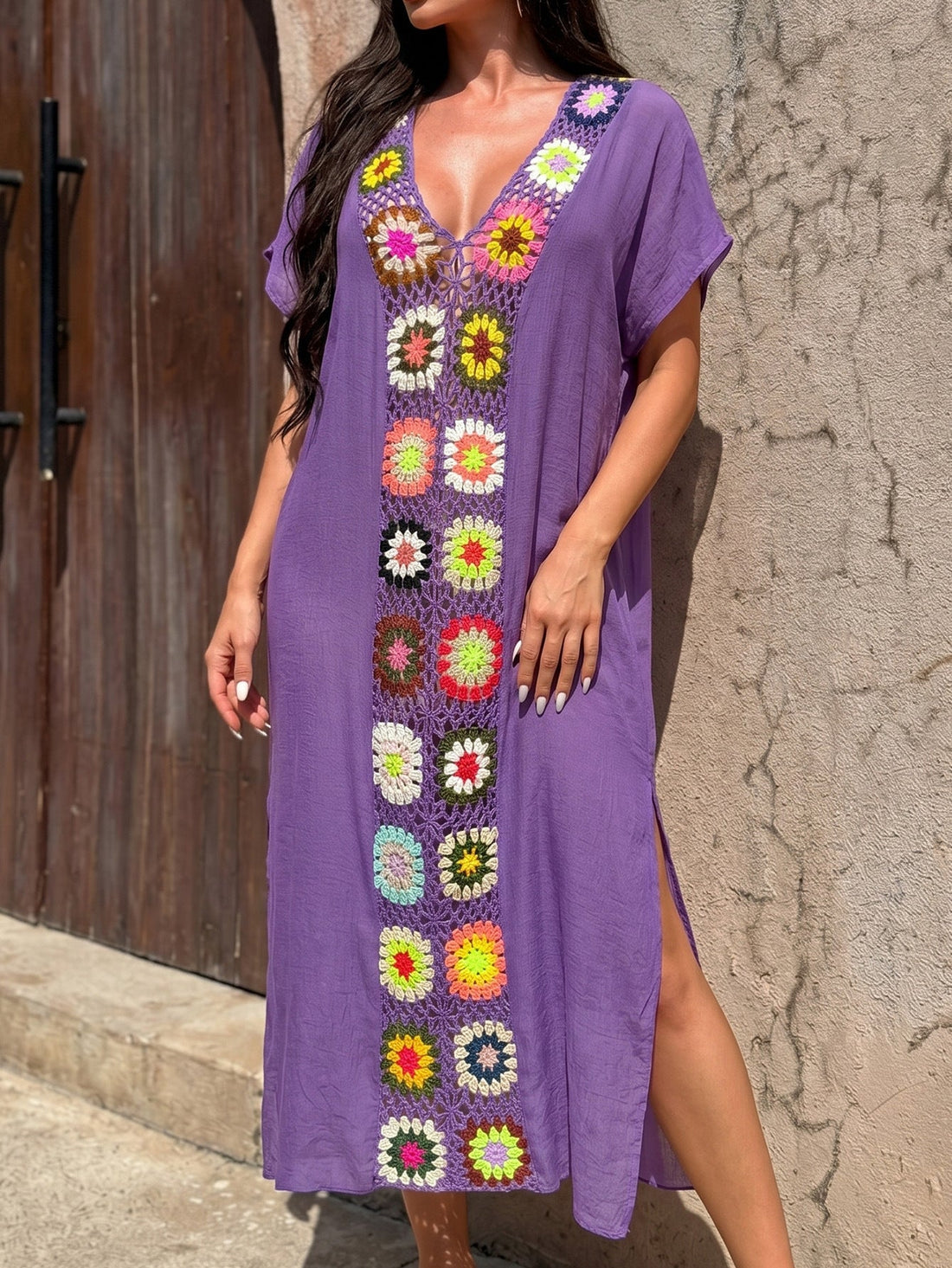 Women’s Crocheted Mixed Color Maxi Beach Blouse Boho Vacation Coverup