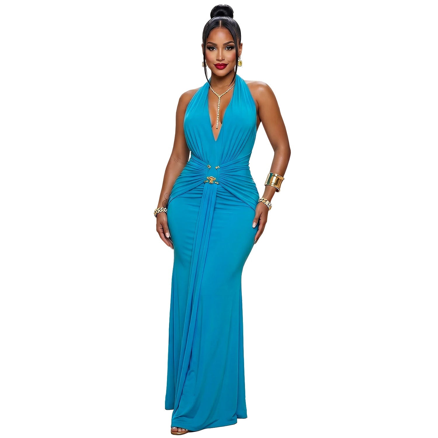 Women Halter Deep V Plunge Pleated Fishtail Evening Dress Slim Fit Cocktail Party Dress