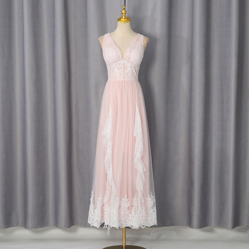 Elegant Lady Maxi Dress Summer Lace Waist High Grade Slim Dress Women