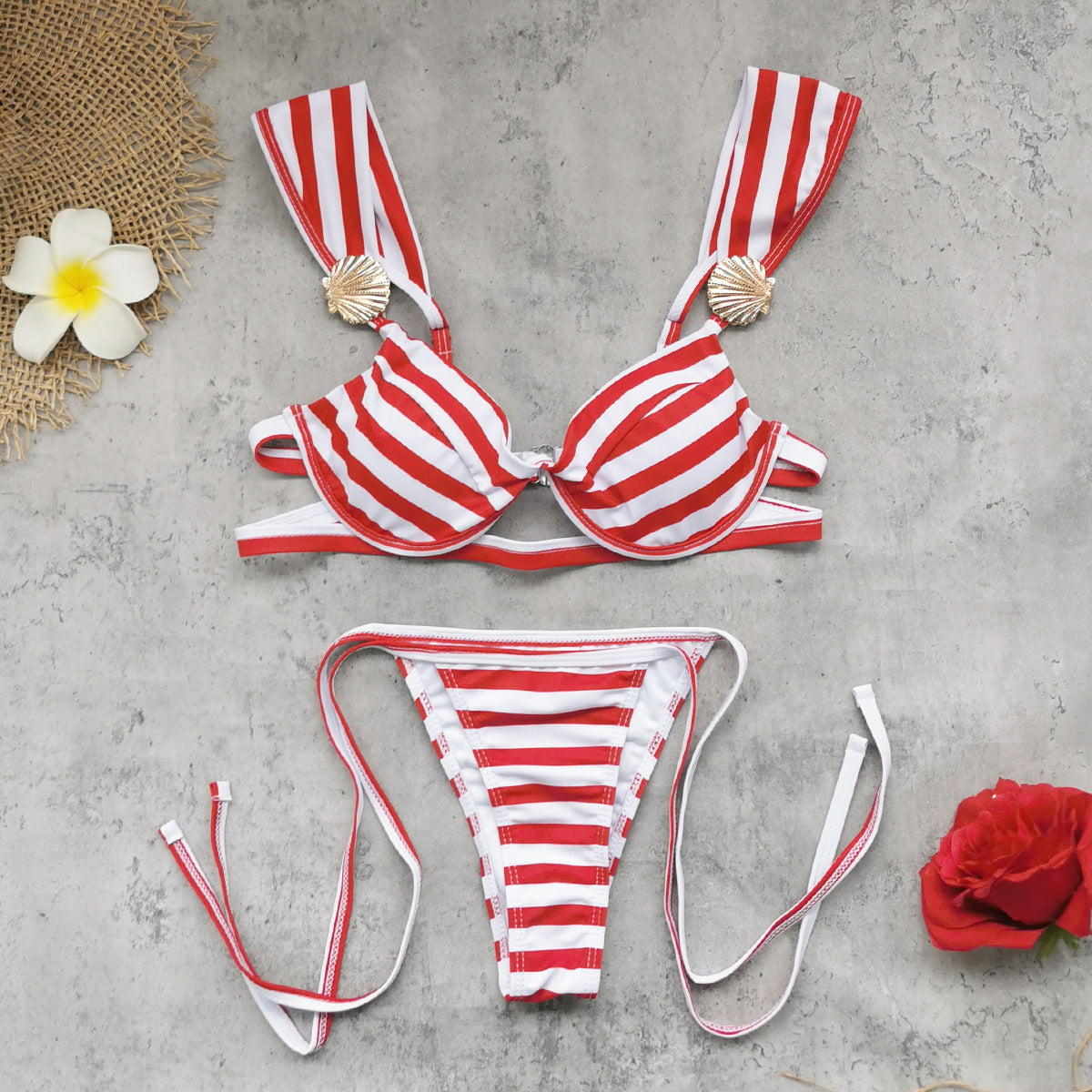 Striped Ruffled Push Up Sling Bikini Cutout Vacation Swimsuit