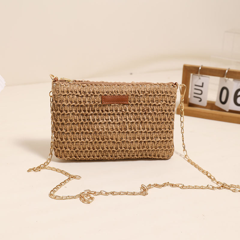 Woven Straw Crossbody Bag with Chain Strap for Summer Vacation