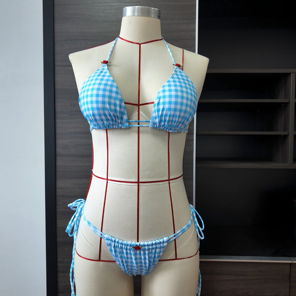 Blue White Plaid Rose Print Halter Split Bikini Swimsuit