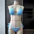 Blue White Plaid Rose Print Halter Split Bikini Swimsuit