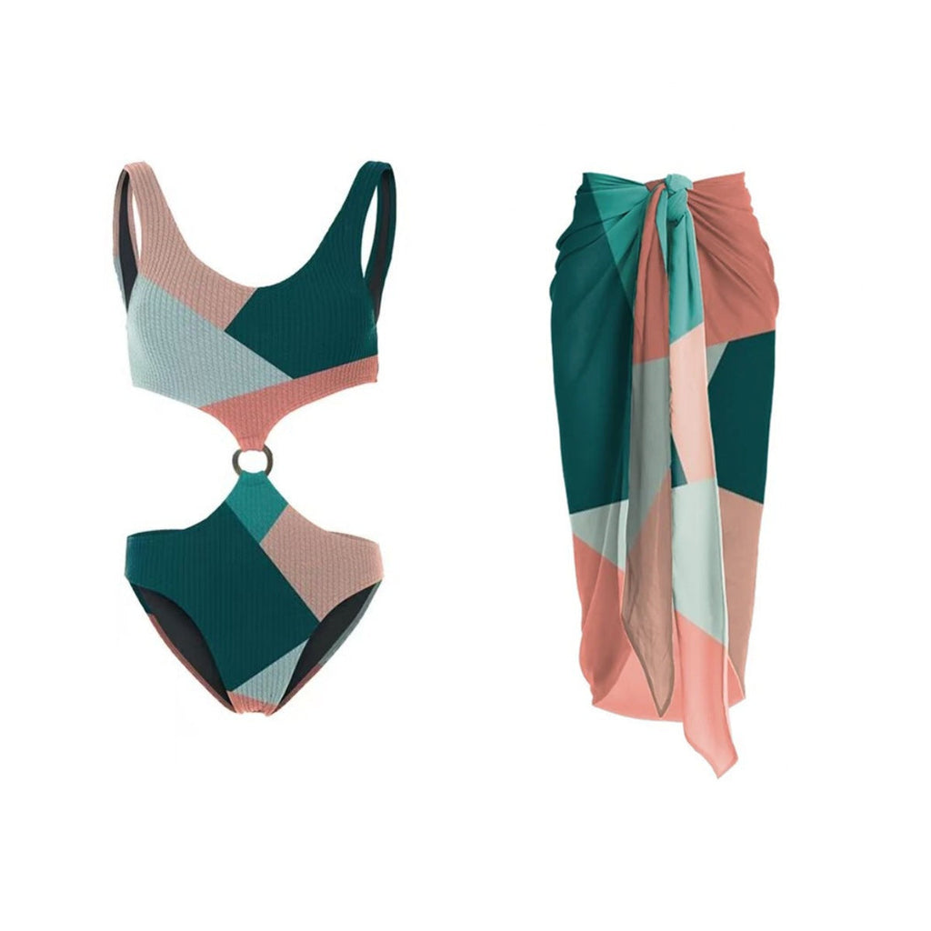 Contrast Color One Piece Bikini Two Piece Set Wishi Mesh Gauze Skirt Vacation Swimwear