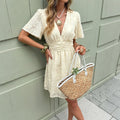 Gentle Girl Solid Color Jacquard V neck Waist Trimming Short Dress