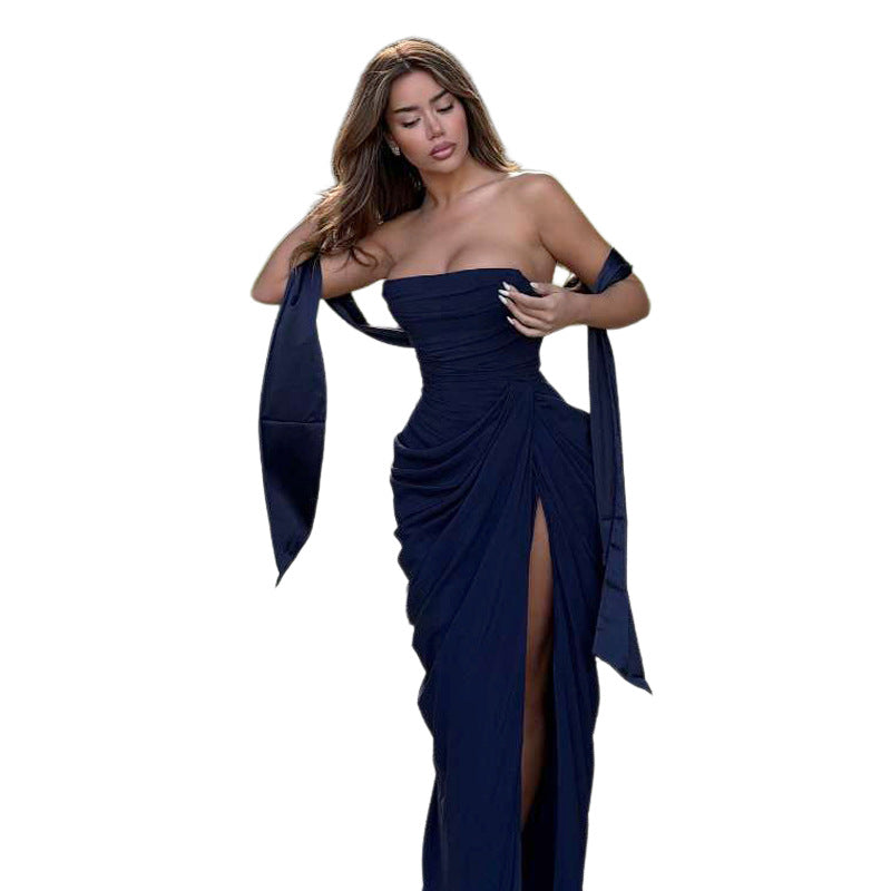 Graceful Ruched Tube Top Dress with Asymmetric Split Detail