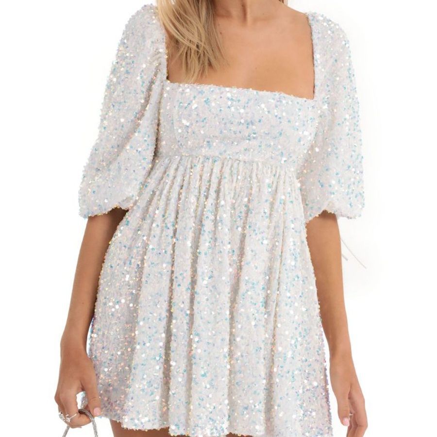 Plus Size Loose Version Sequin Dress Summer Casual round Neck Short Sleeve Solid Color Wide Hem Dress