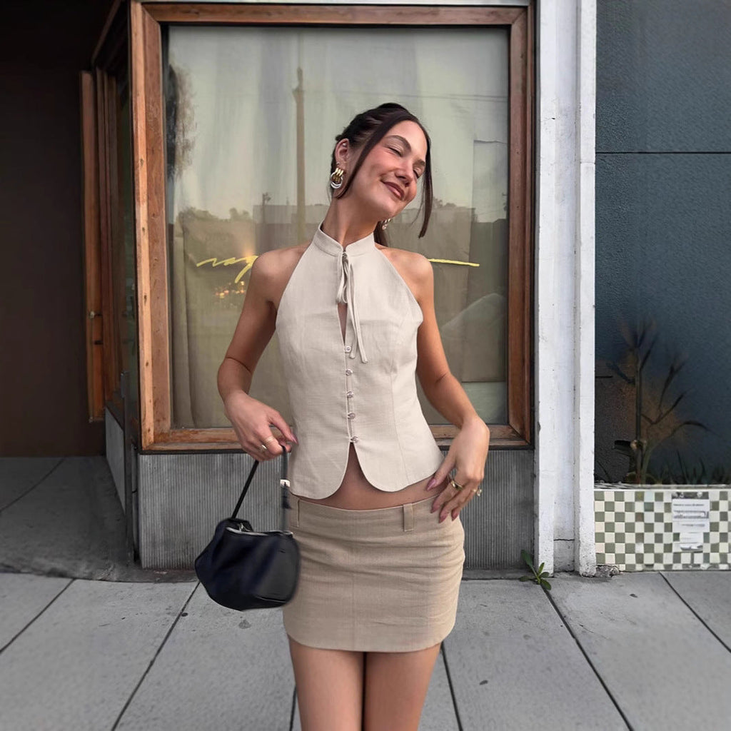 Women Clothing Summer Street Design Retro Slim Fit Backless Short Top for Women