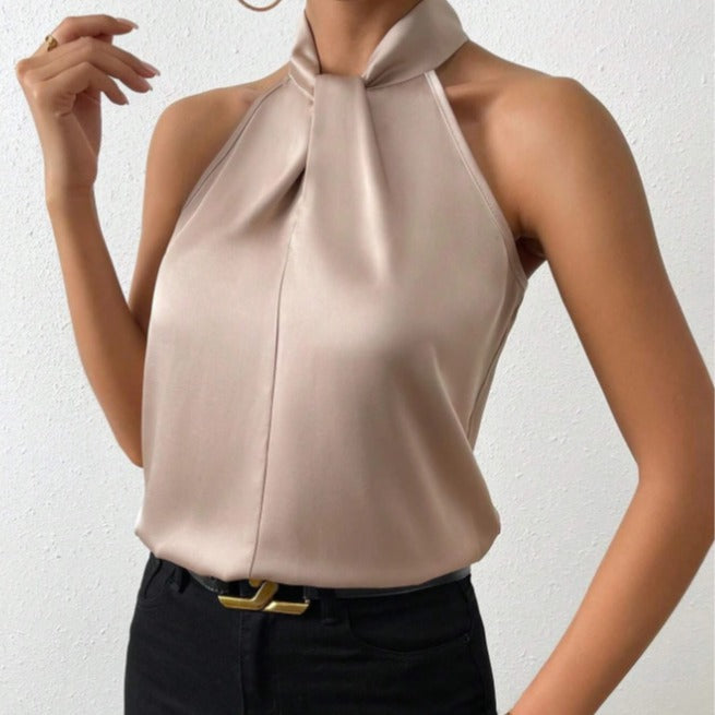 Summer Women Clothing Satin Halter Sleeveless Vest Satin Artificial Silk Top