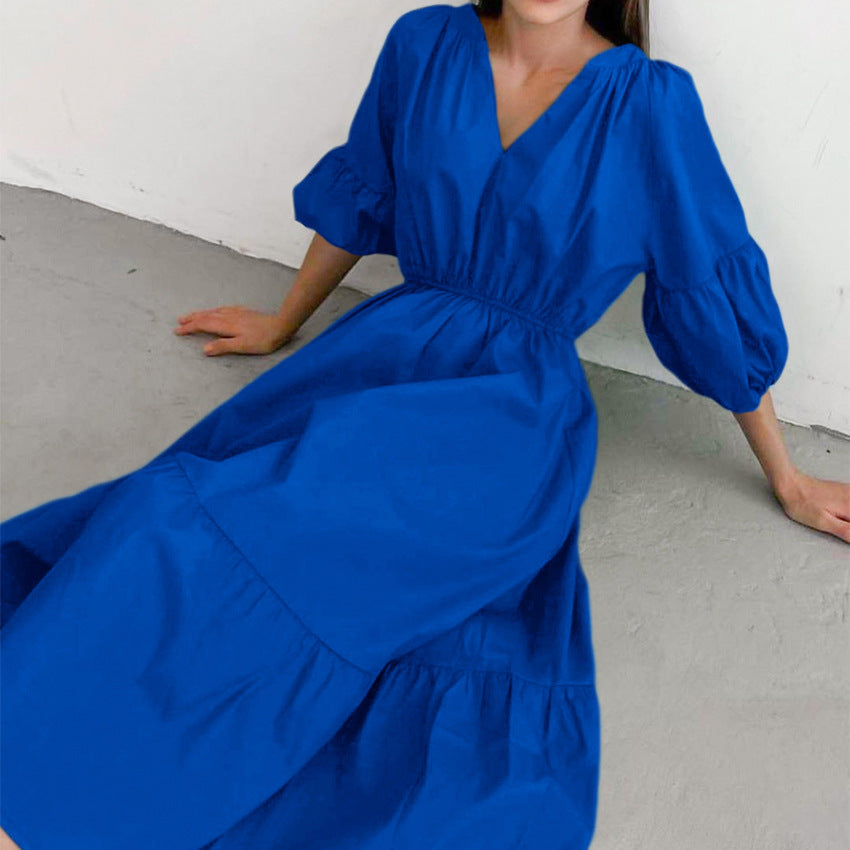 Summer Office Klein Blue Puff Sleeve High Waist A- line Dress Fashionable Simple Women Dress