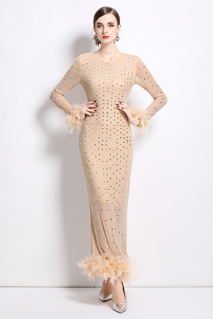 Women's Rhinestone Feather Maxi Party Dress - Bodycon Long Sleeve