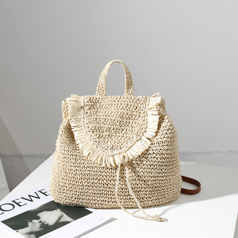 Woven Straw Backpack with Tassel Detail Casual Seaside Bag - Image 2