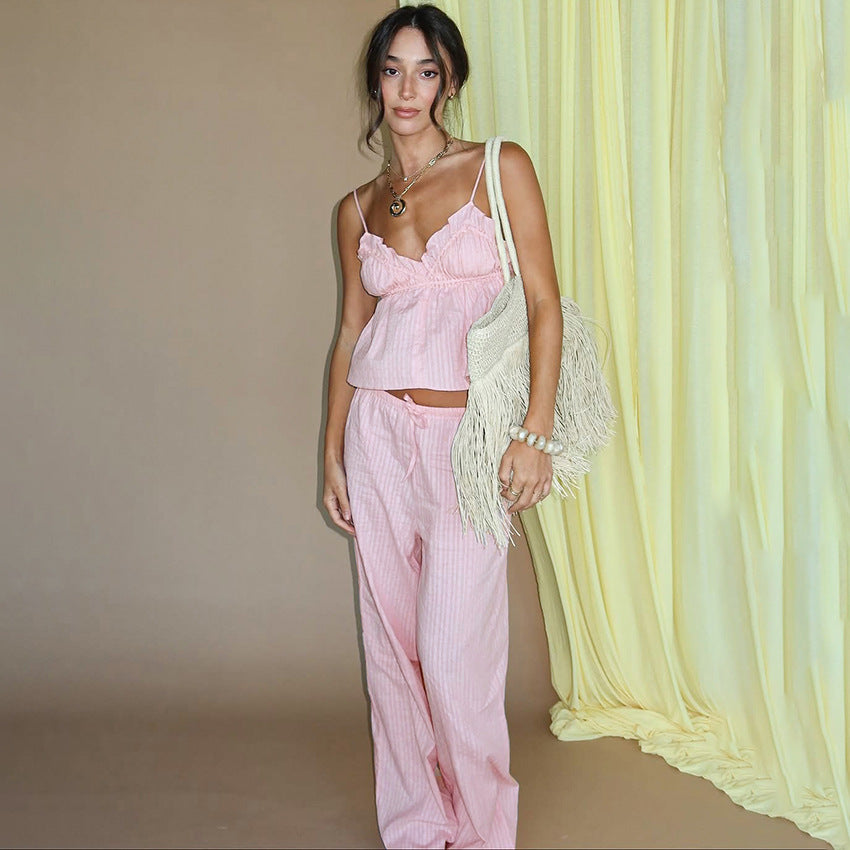 Spring Summer Cotton Pajamas Set Jacquard Suspender Trousers Two Piece Set Exclusive for Ladies Homewear