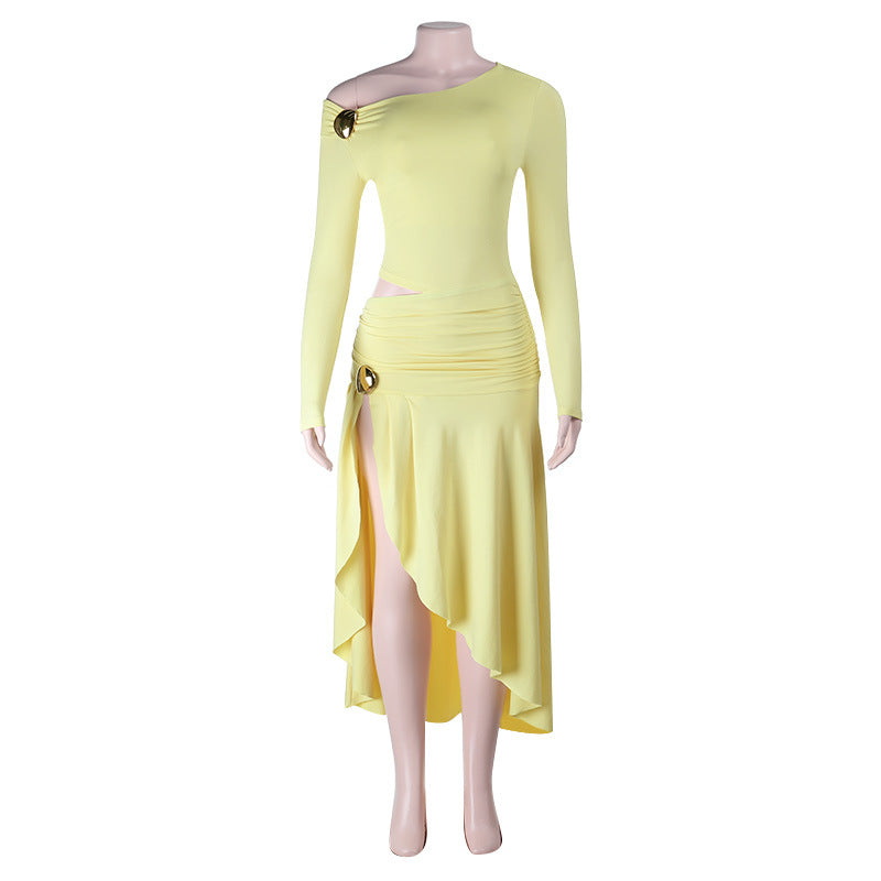 Lime Yellow One Shoulder Ruched Slit Maxi Dress - Image 5