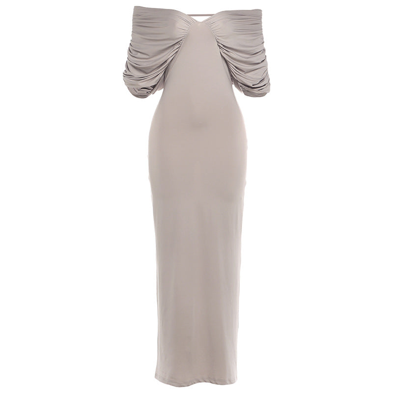 Minimalist Slim Fit Ruched Maxi Dress with Off-Neck Detail