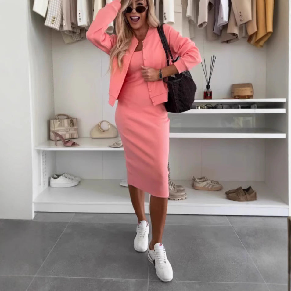 Solid Color Sling Dress and Long Sleeve Cardigan Two-Piece Set