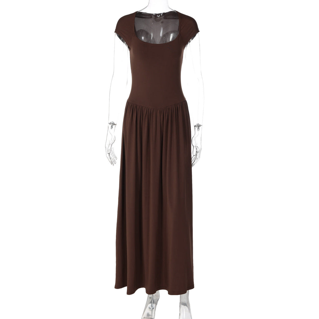 Elegant Solid Color Slim Fit Square Collar Short Sleeve Long Pattern Pleated Waist Tight All Matching Dress Women