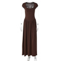 Elegant Solid Color Slim Fit Square Collar Short Sleeve Long Pattern Pleated Waist Tight All Matching Dress Women