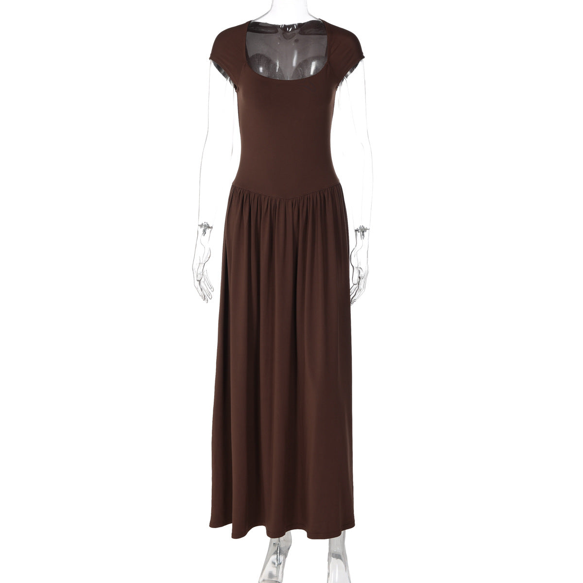 Elegant Solid Color Slim Fit Square Collar Short Sleeve Long Pattern Pleated Waist Tight All Matching Dress Women