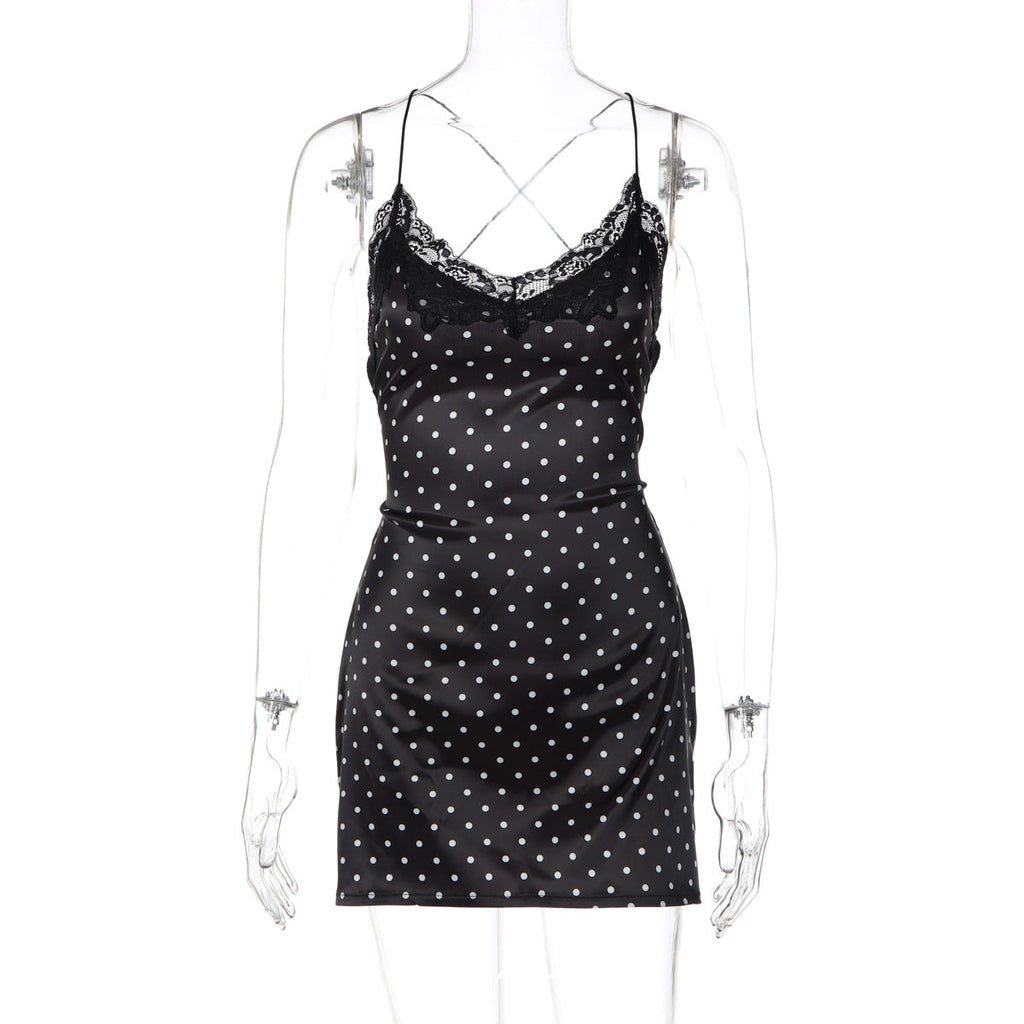 Summer Fashionable Simple Low Collar Polka Dot Lace Lace Sleeveless Backless Cami Dress Women