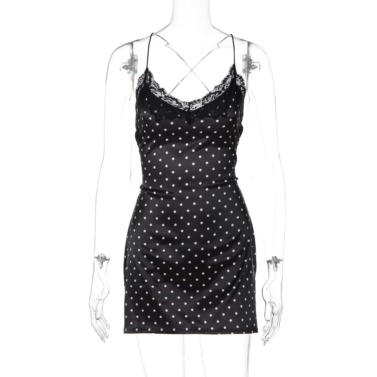 Summer Fashionable Simple Low Collar Polka Dot Lace Lace Sleeveless Backless Cami Dress Women