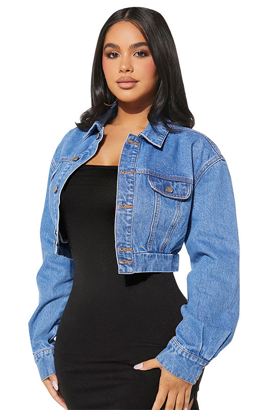 Women's Cropped Denim Jacket Classic Button Down Outerwear