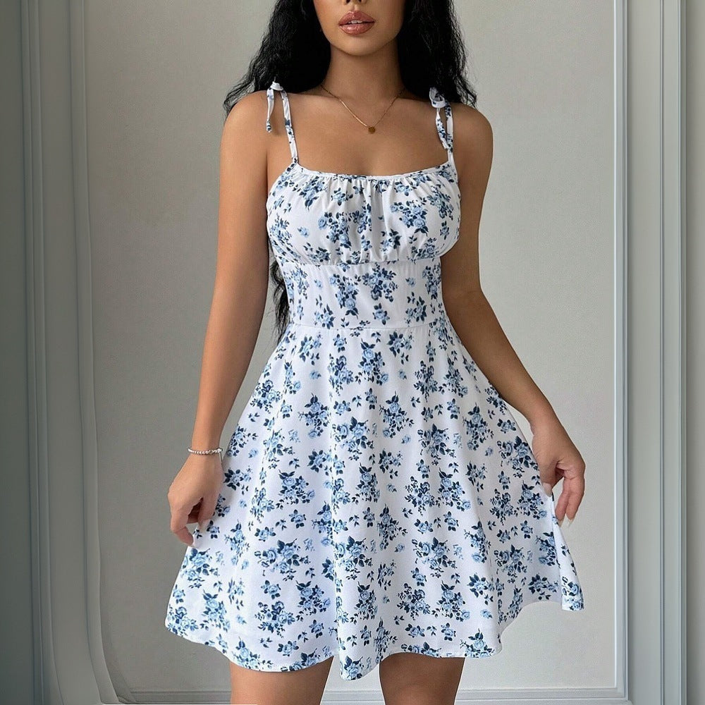 Spring Summer Women Clothing Popular Floral Strap Dress Waist Square Collar Mini Dress
