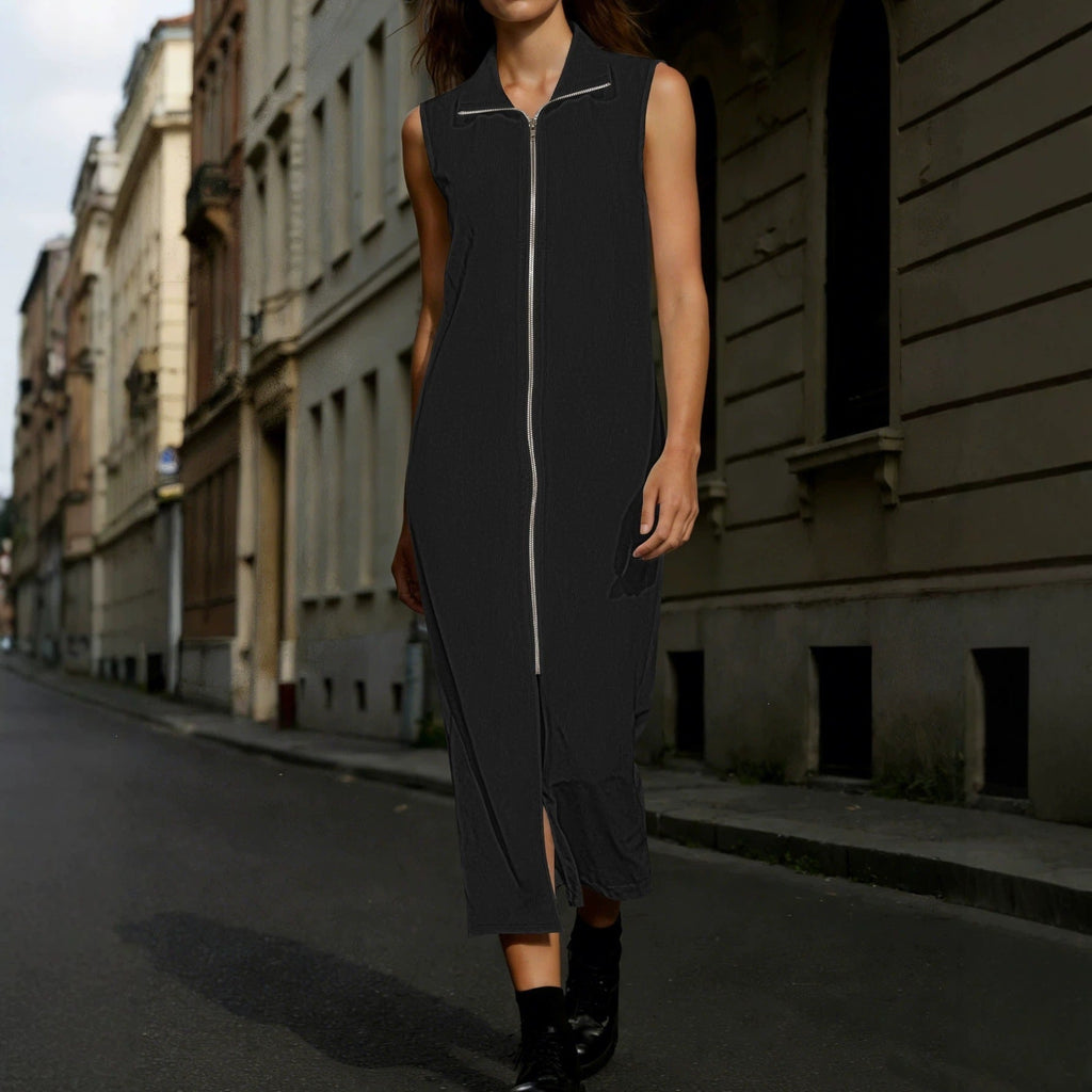 Office Stand Collar Sleeveless Vest Dress Solid Color Loose Split Maxi Dress