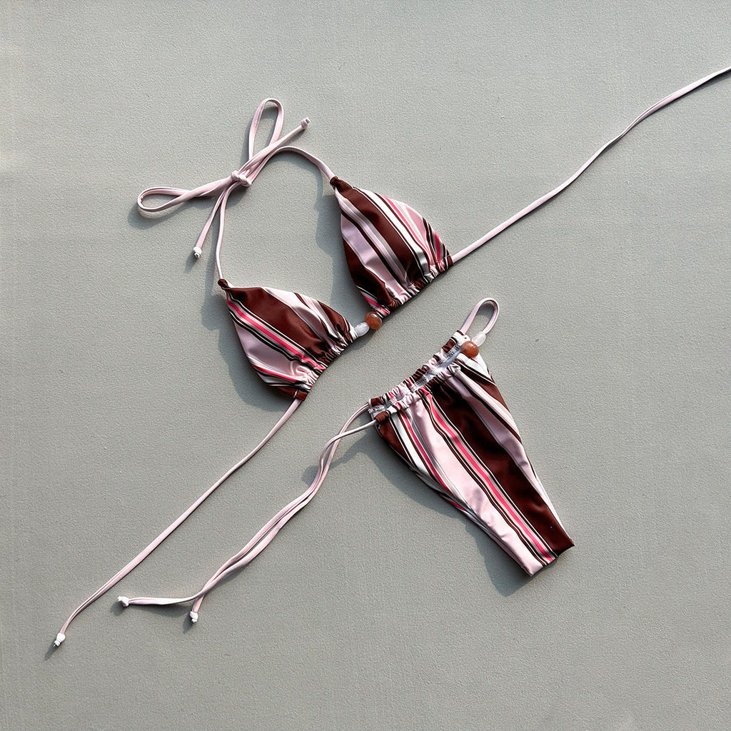 Women's Striped Halter Ruched Bikini Set Boho Vacation Swimsuit