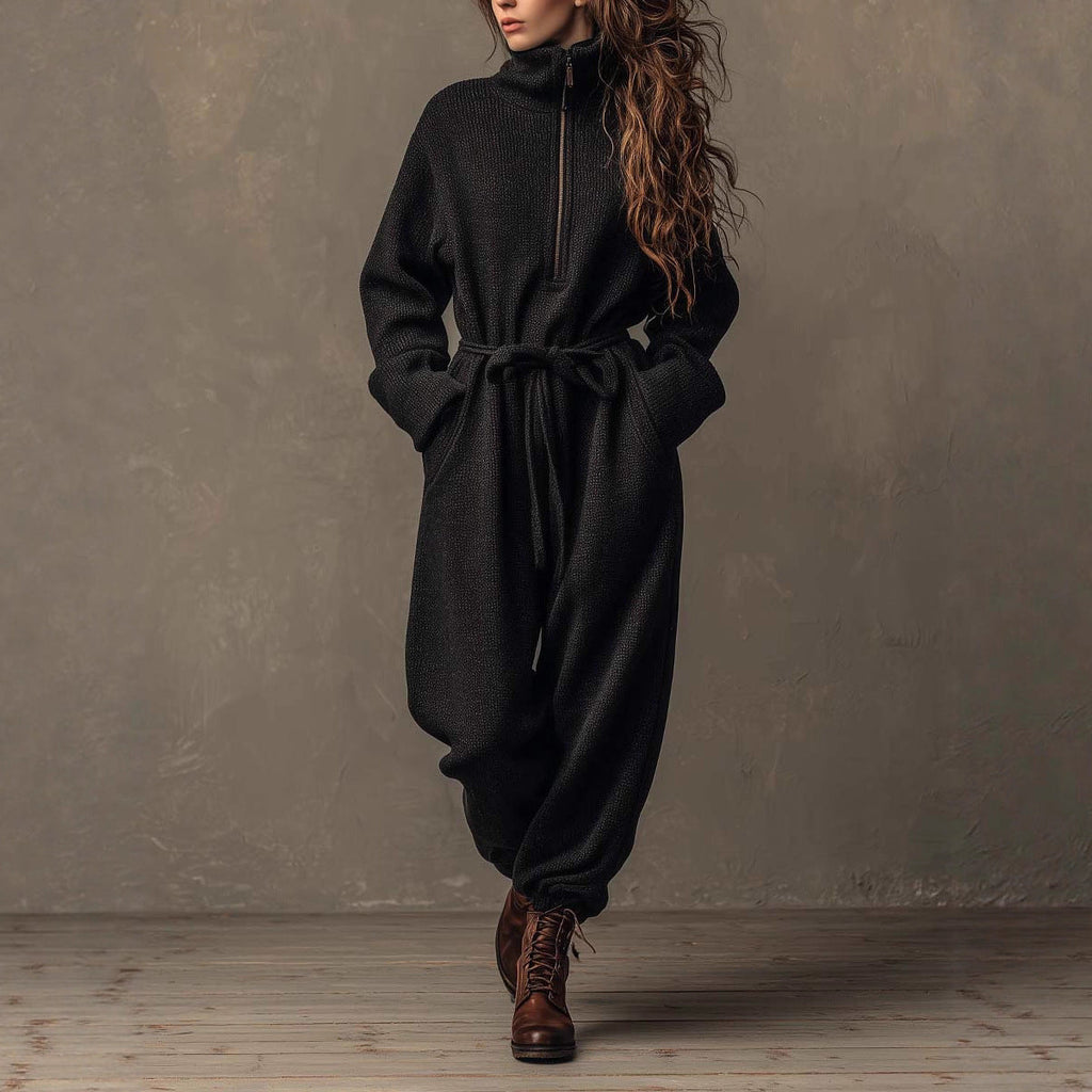 Autumn Winter Casual Zipper Stand Collar Drawstring Lace up Waist Controlled Slimming Sports One Piece Trousers